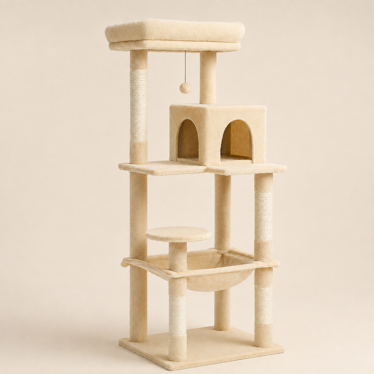 Arbre à chat 143 cm beige crème, vue d'ensemble sur fond neutre