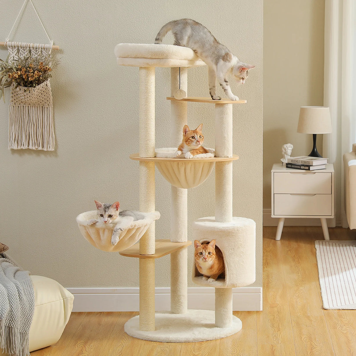 Arbre à chat en bois 135 cm – hamac suspendu, niche et coupelles douillettes