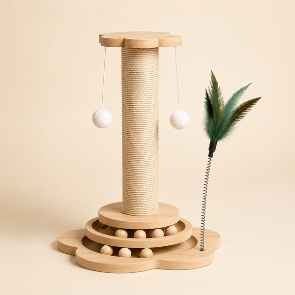 Griffoir colonne 40 cm en sisal avec base bois à circuit à billes et canne à plumes