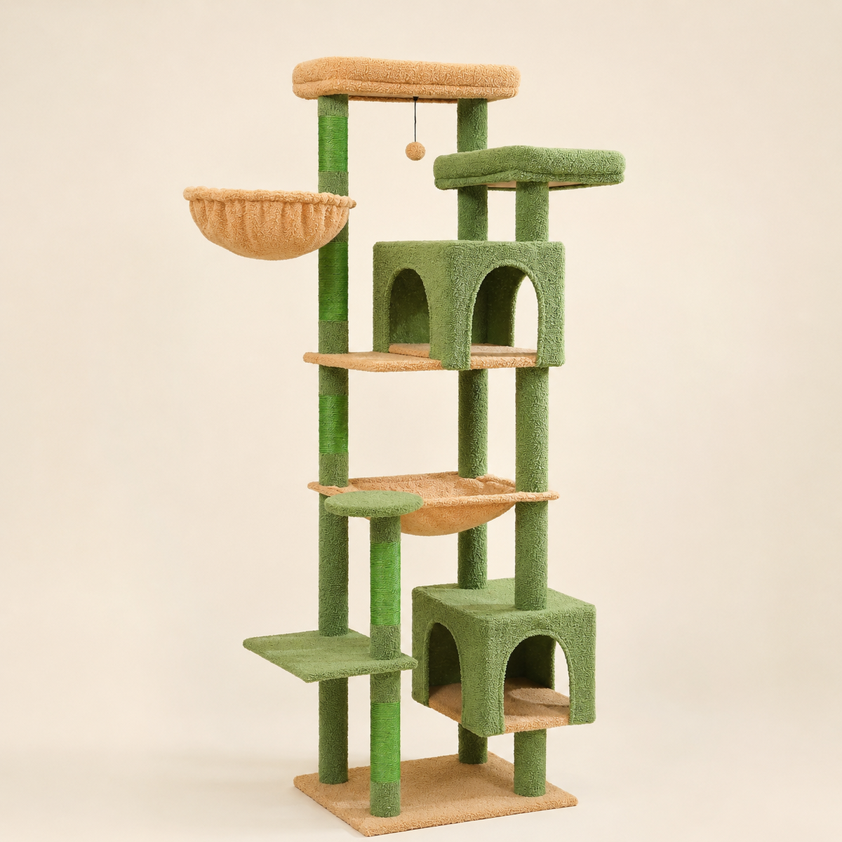 Arbre à chat Maine Coon 175 cm vert avec panier rond suspendu et deux niches