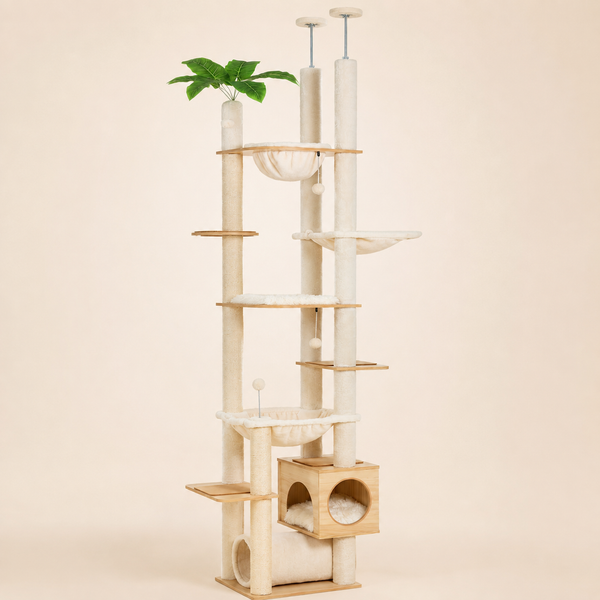 Arbre à chat du sol au plafond en bois clair et peluche crème, vue d'ensemble