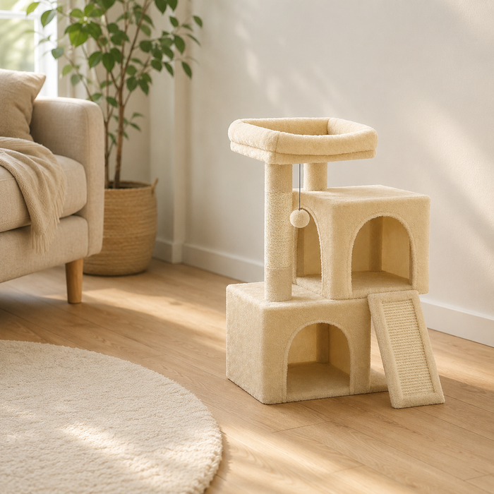 Petit arbre à chat 77 cm dans un salon lumineux