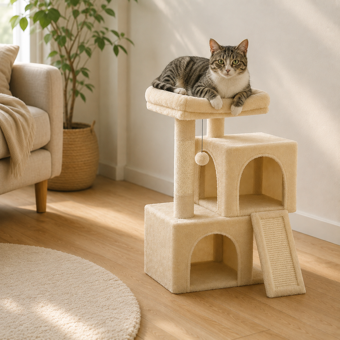 Chat couché sur le perchoir d'un petit arbre à chat
