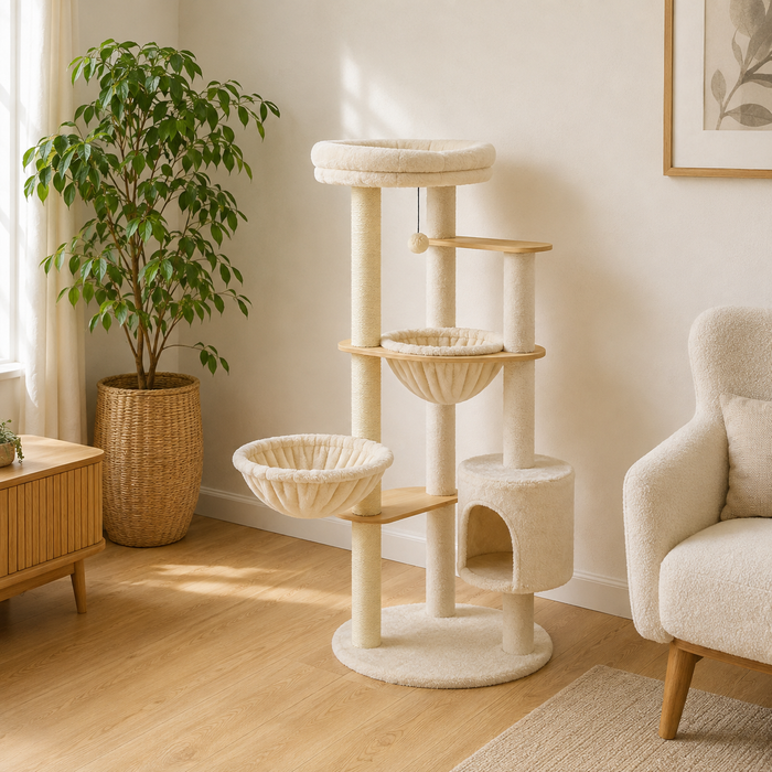 Arbre à chat à base ronde dans un salon scandinave lumineux