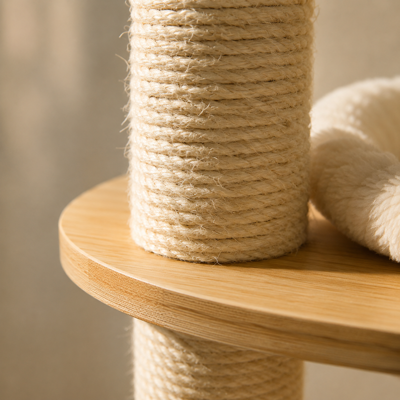 Gros plan sur un poteau à griffer en sisal et sa plateforme en bois