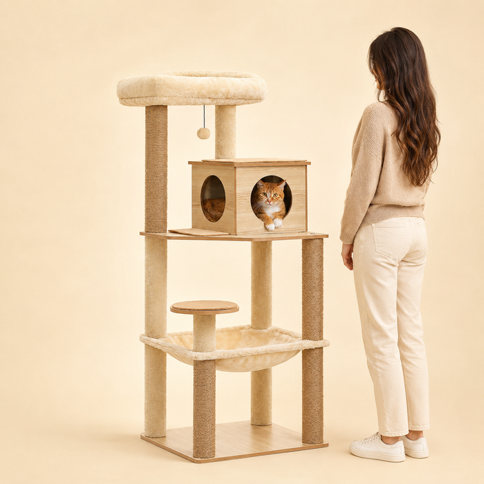 Arbre à chat 143 cm comparé à la taille d'une personne adulte