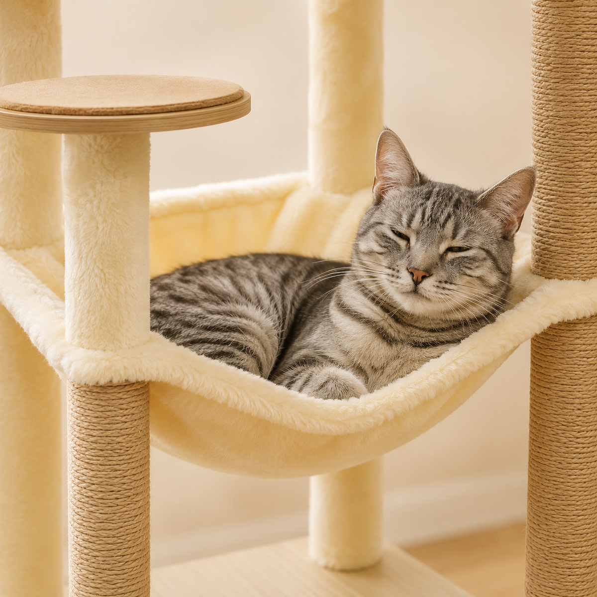 Chat tigré installé dans le hamac moelleux de son arbre à chat