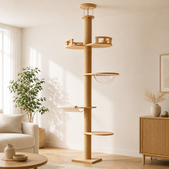 Arbre à chat sol-plafond installé dans un salon scandinave