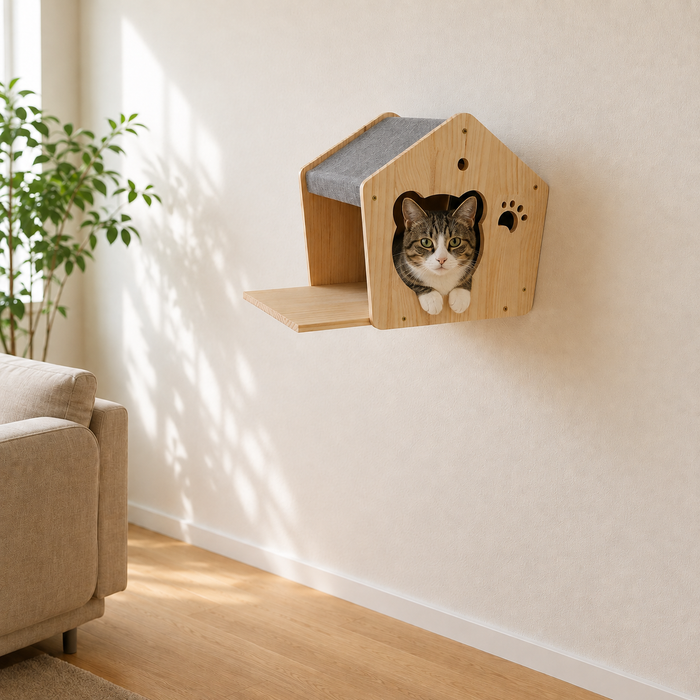 Chat installé dans une maisonnette murale, la tête sortant par la découpe