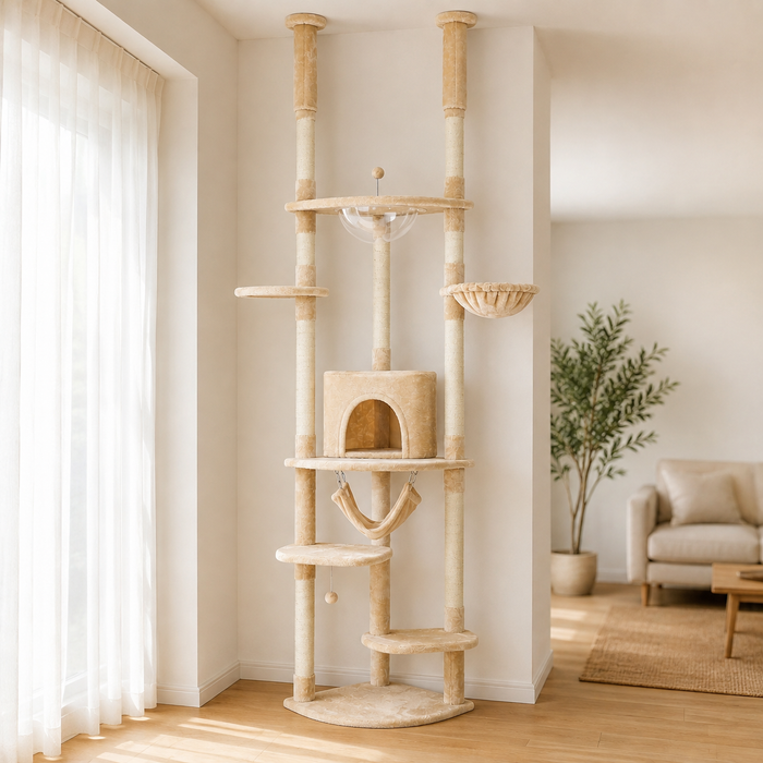 Arbre à chat du sol au plafond installé dans l'angle d'un salon
