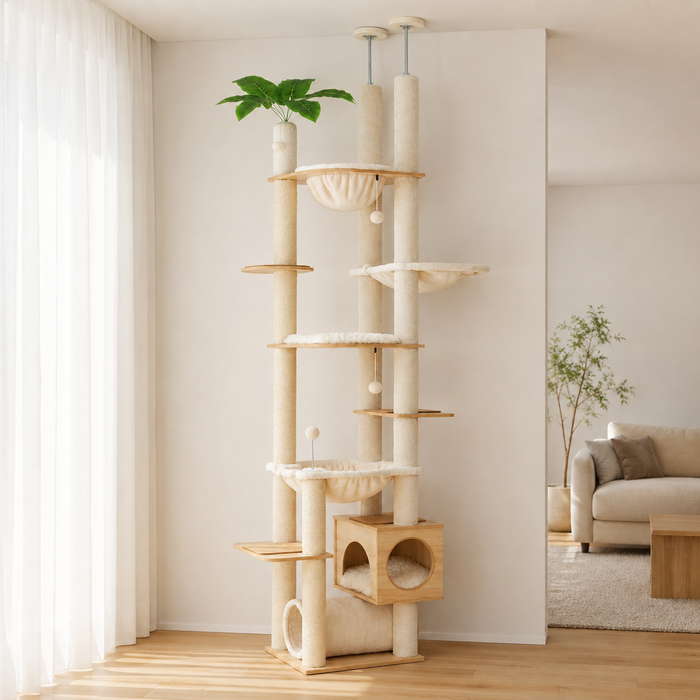 Arbre à chat du sol au plafond en bois dans un salon lumineux