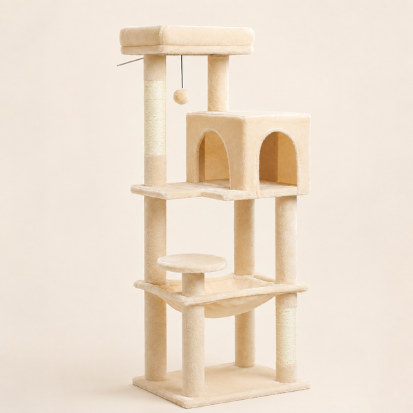 Petit arbre à chat 113 cm beige crème, vue d'ensemble sur fond neutre