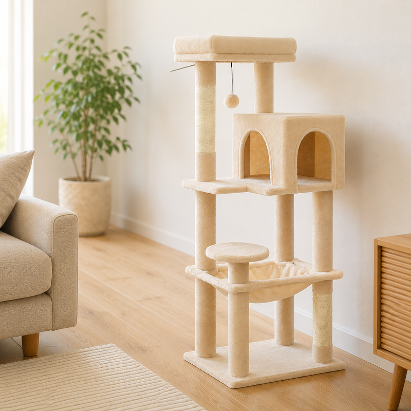 Petit arbre à chat 113 cm beige installé dans un salon lumineux au parquet clair