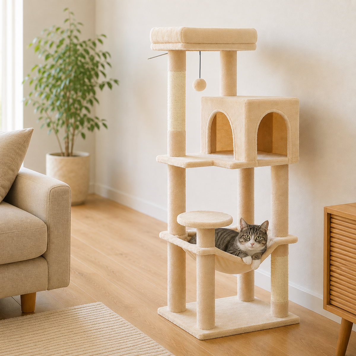Chat installé dans le hamac du petit arbre à chat 113 cm, échelle réelle