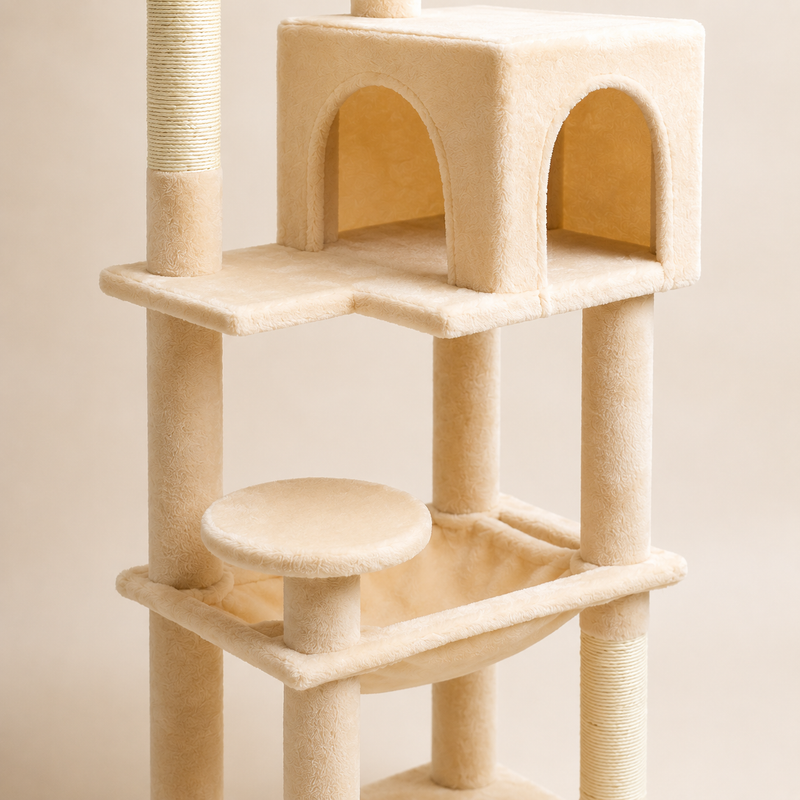 Détail de la niche à deux arches et du hamac du petit arbre à chat 113 cm