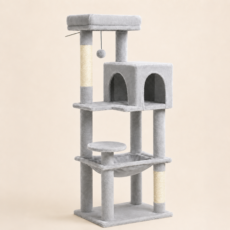 Petit arbre à chat 113 cm coloris gris clair, poteaux en sisal naturel