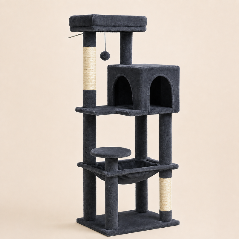 Petit arbre à chat 113 cm coloris gris foncé anthracite, poteaux en sisal naturel