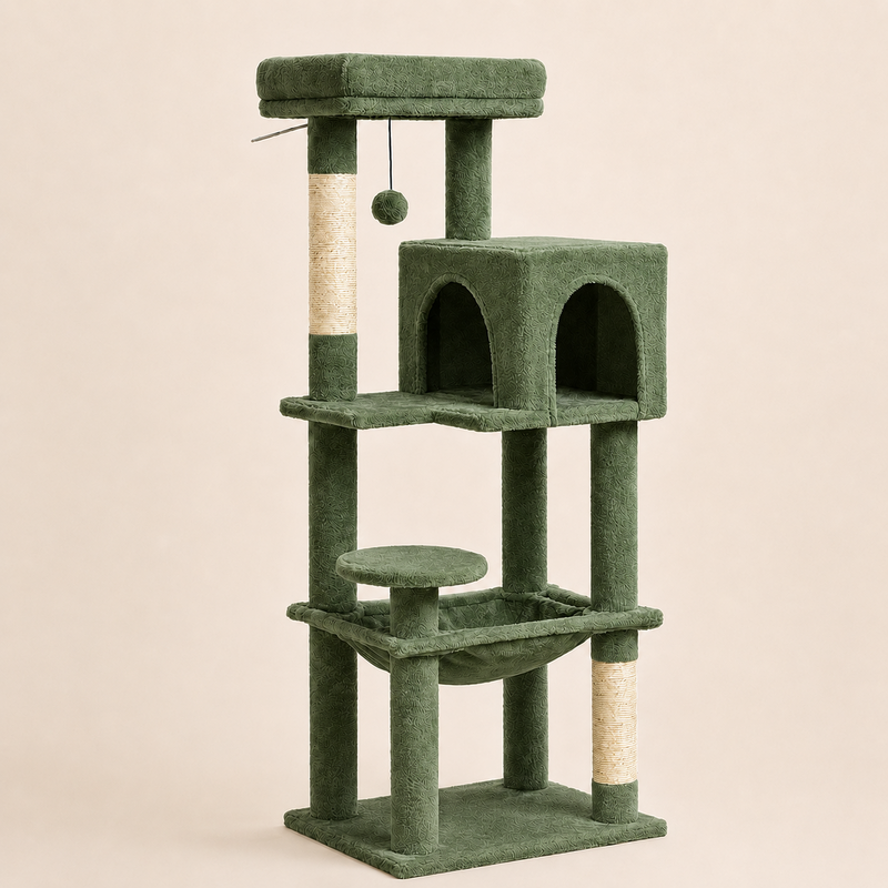 Petit arbre à chat 113 cm coloris vert olive, poteaux en sisal naturel