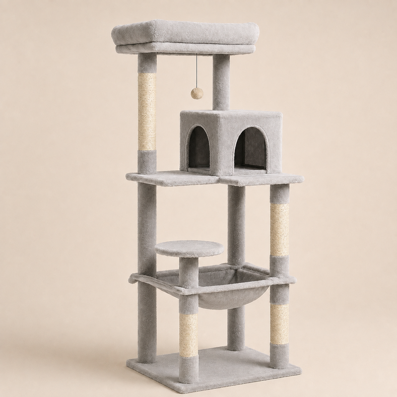 Arbre à chat 143 cm coloris gris clair — poteaux en sisal naturel