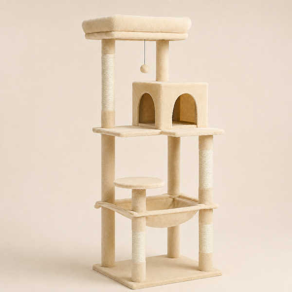 Arbre à chat 143 cm beige crème, vue d'ensemble sur fond neutre