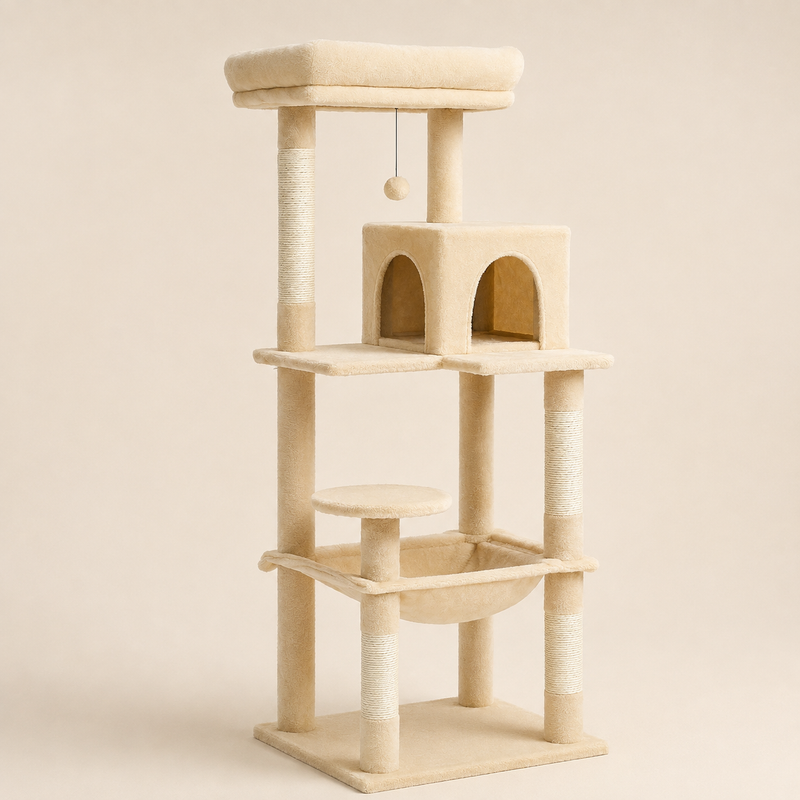 Arbre à chat 143 cm beige crème, vue d'ensemble sur fond neutre