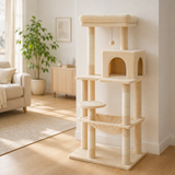 Arbre à chat 143 cm beige installé dans un salon lumineux au parquet clair
