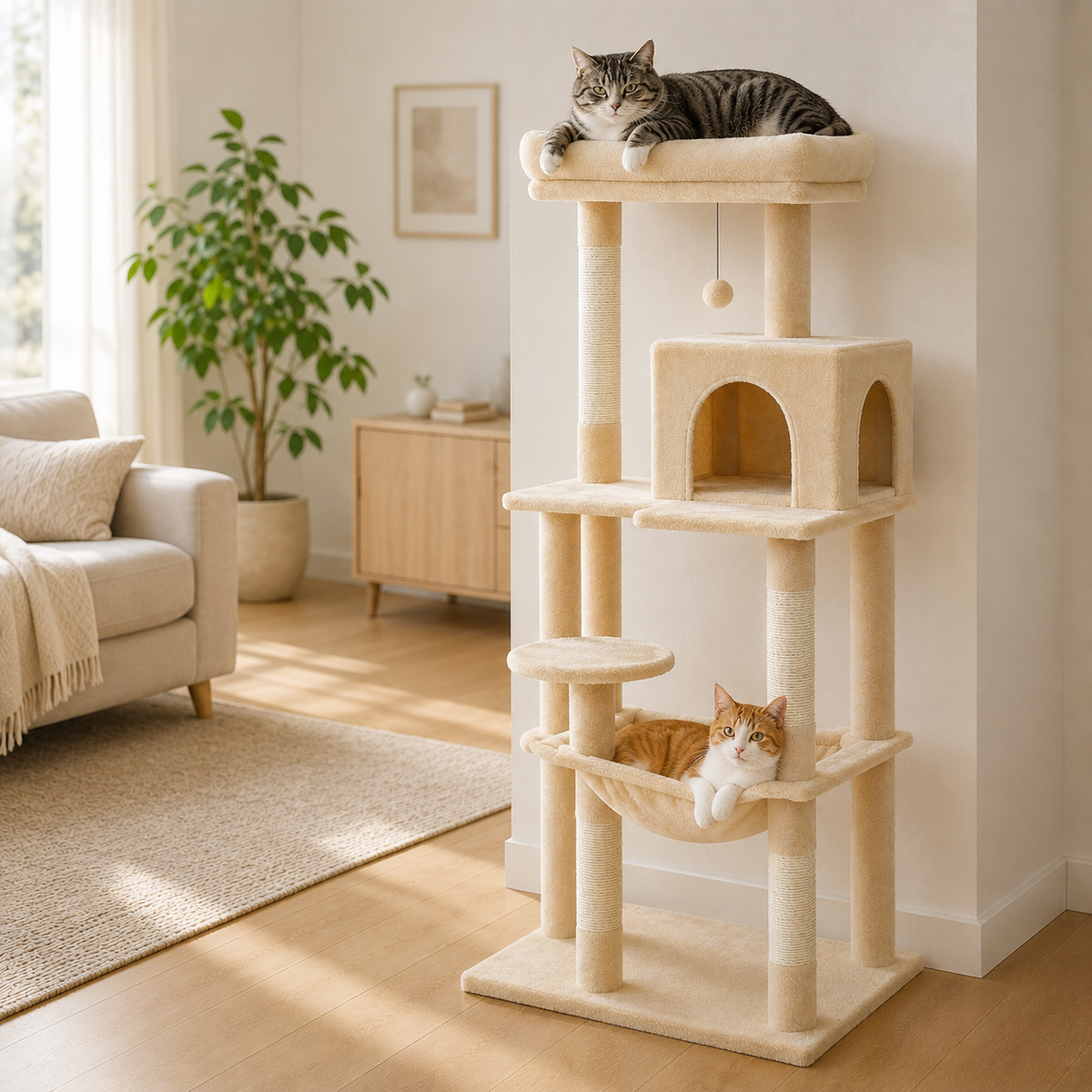 Deux chats installés sur le perchoir et dans le hamac de leur arbre à chat