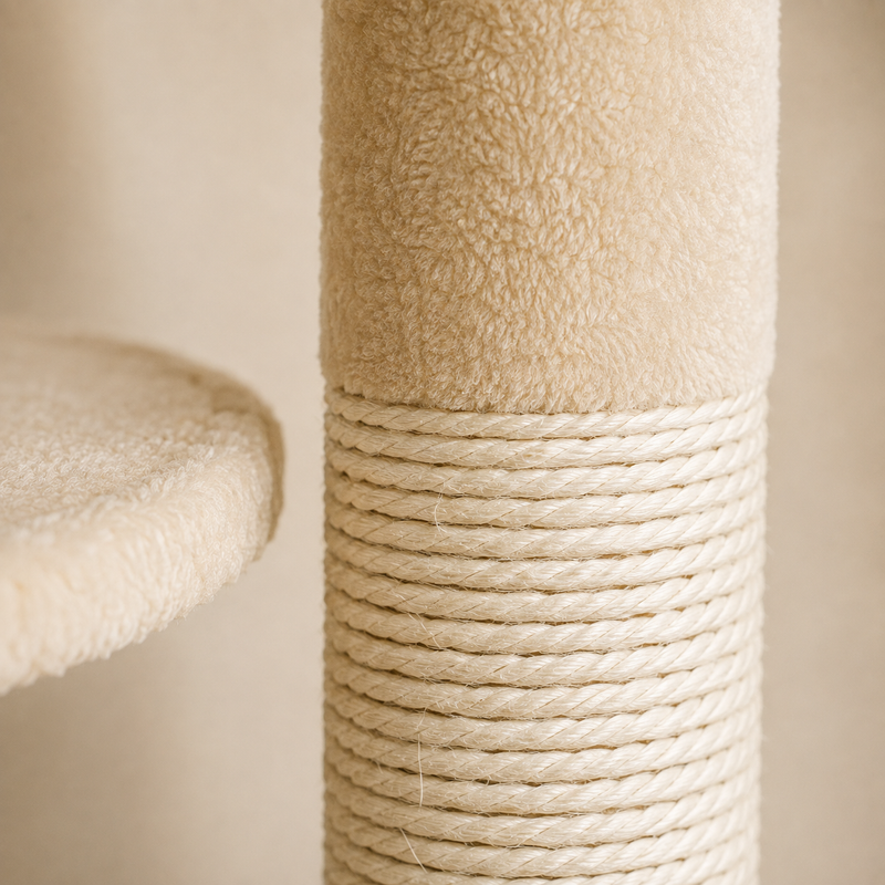 Gros plan sur le poteau à griffer en sisal naturel et la peluche beige
