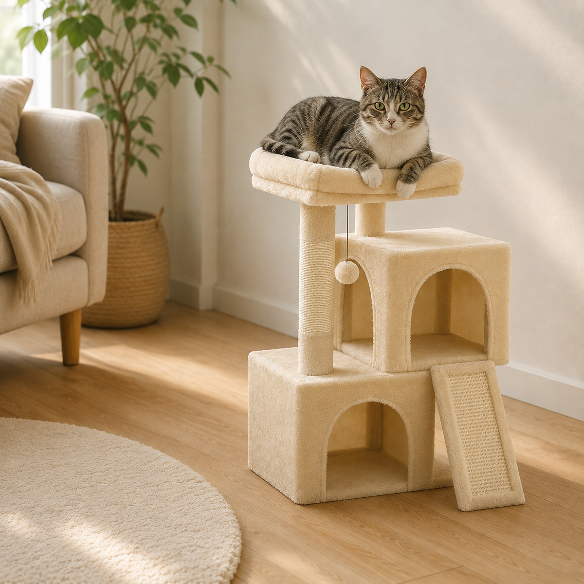 Chat couché sur le perchoir du petit arbre à chat 77 cm, échelle réelle