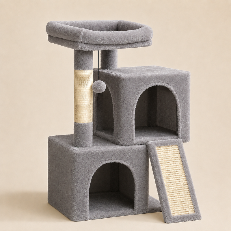 Petit arbre à chat 77 cm coloris gris — poteau et rampe en sisal naturel