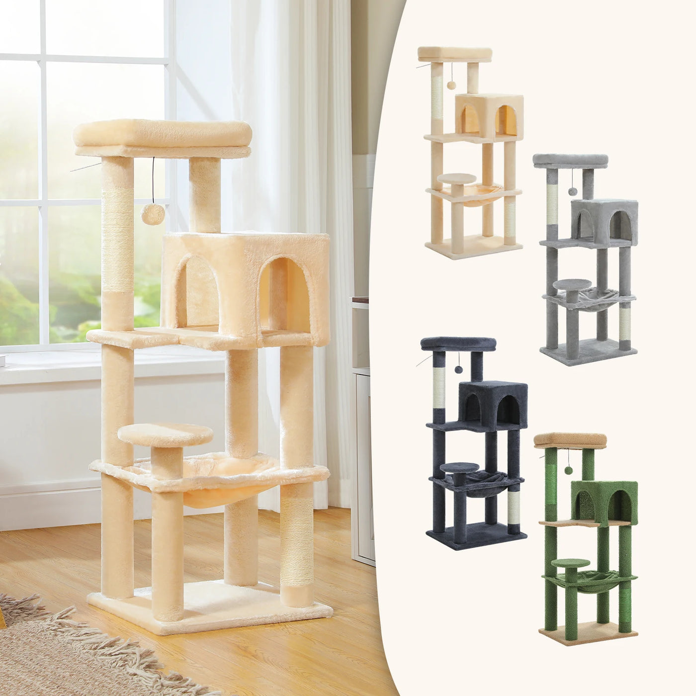 Petit arbre à chat 113 cm – 5 niveaux, hamac et kit anti-basculement