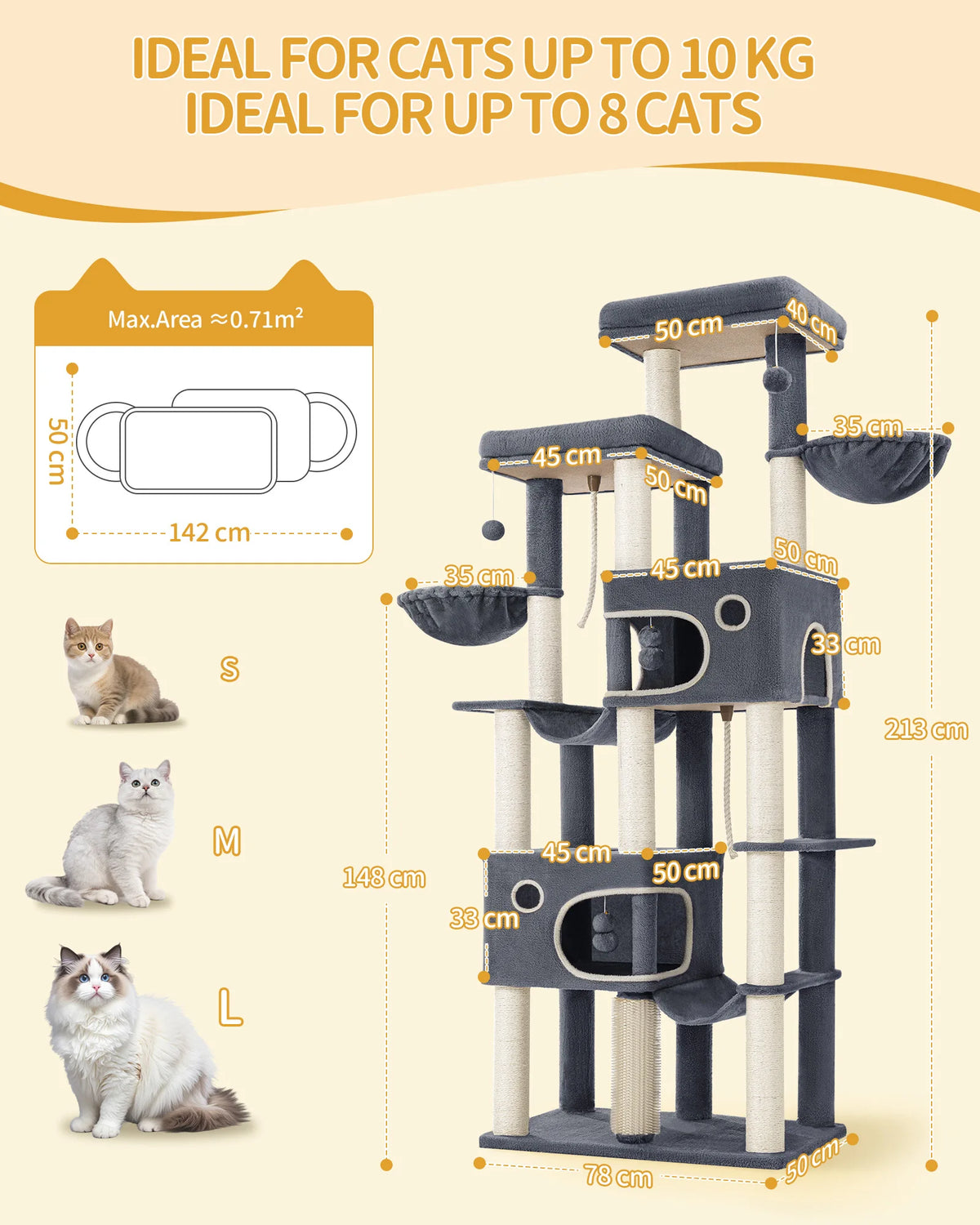 Arbre à chat Maine Coon XXL 213 cm – base extra-large et niches
