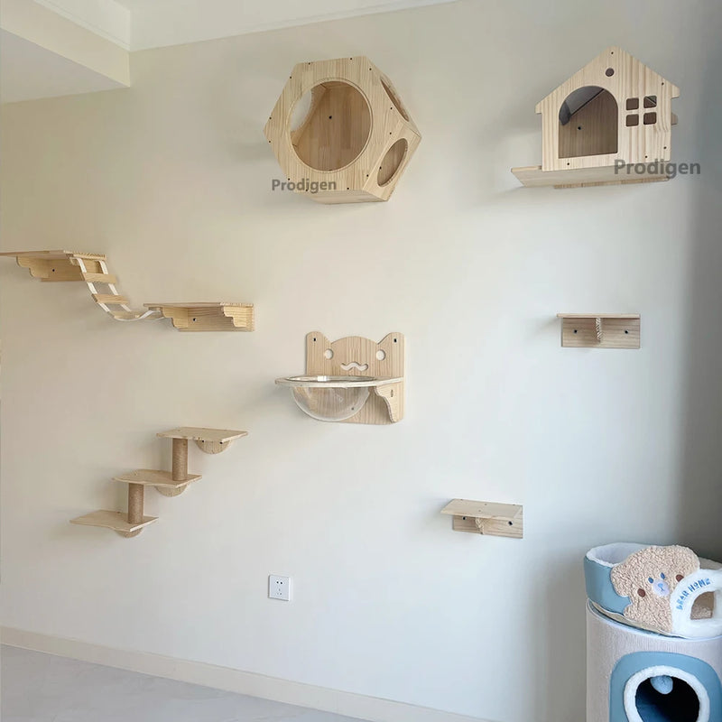 Étagère murale maison pour chat – bois, gain de place