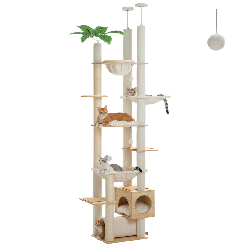 Arbre à chat du sol au plafond en bois – hauteur réglable, hamac