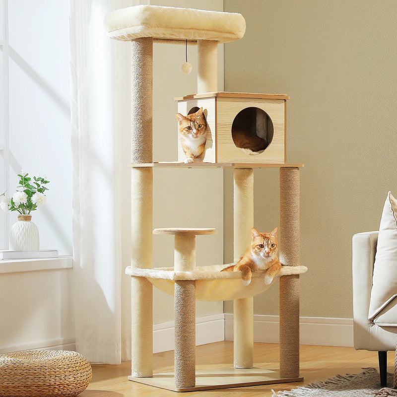 Arbre à chat en bois 143 cm – niche cube, hamac et poteaux sisal