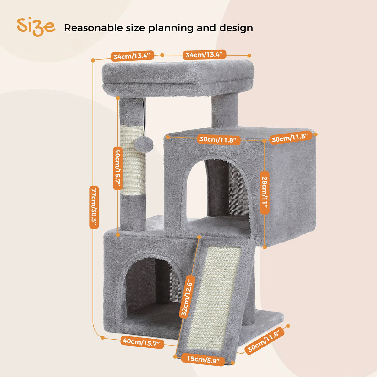 Petit arbre à chat 77 cm – 2 niches, rampe à griffer et kit anti-basculement