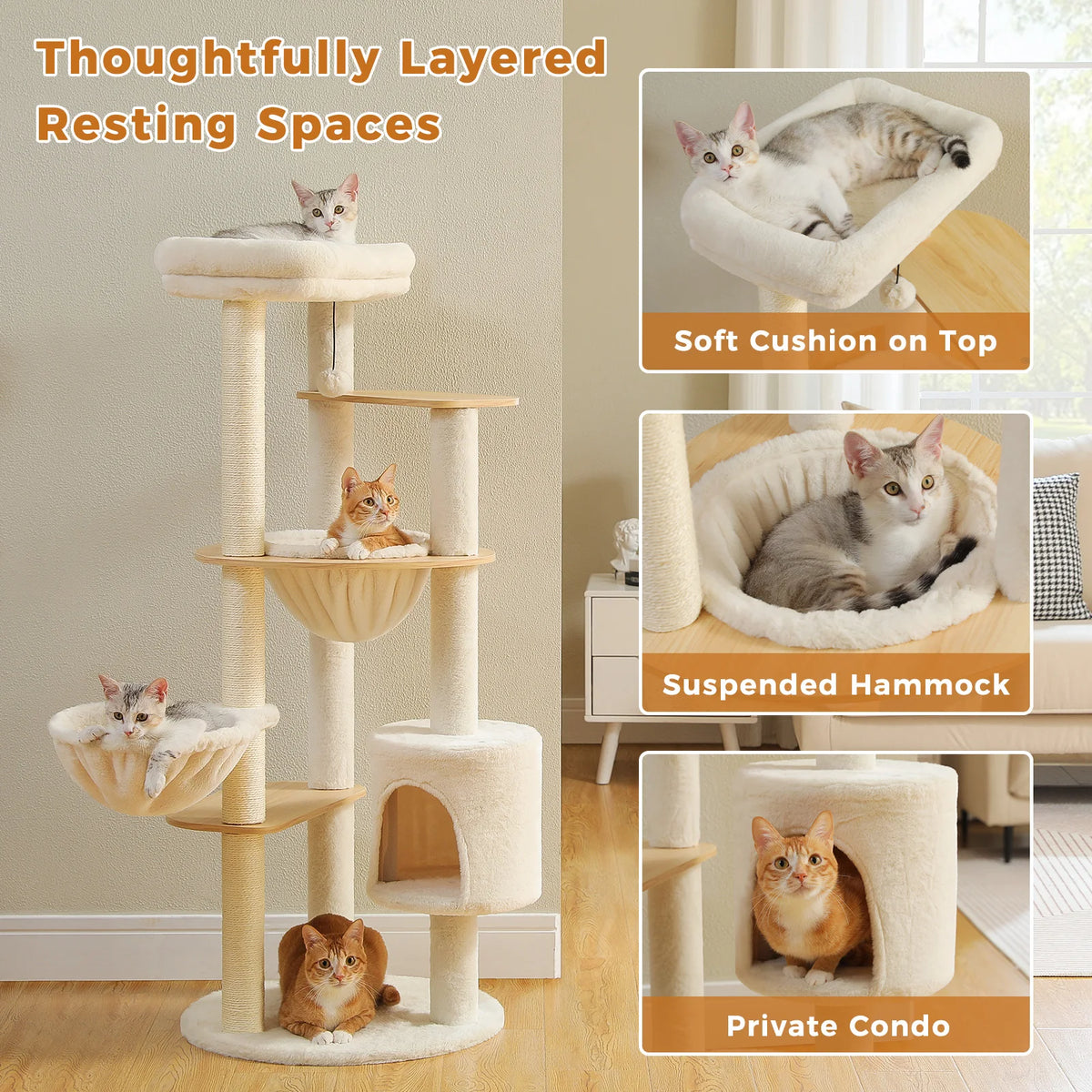Arbre à chat en bois 135 cm – hamac suspendu, niche et coupelles douillettes
