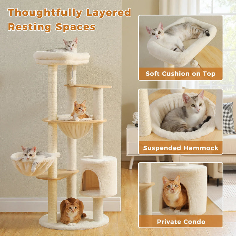 Arbre à chat en bois 135 cm – hamac suspendu, niche et coupelles douillettes