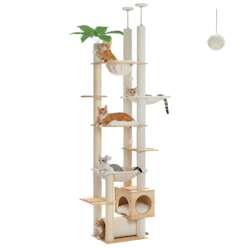 Arbre à chat du sol au plafond en bois – hauteur réglable, hamac