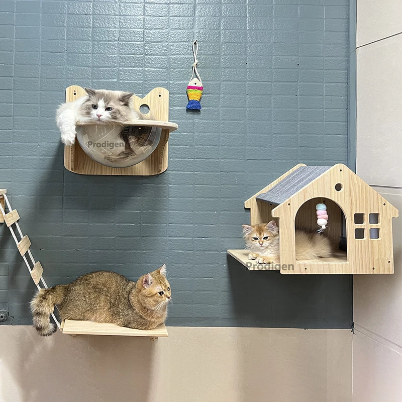 Étagère murale maison pour chat – bois, gain de place