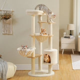 Arbre à chat en bois 135 cm – hamac suspendu, niche et coupelles douillettes