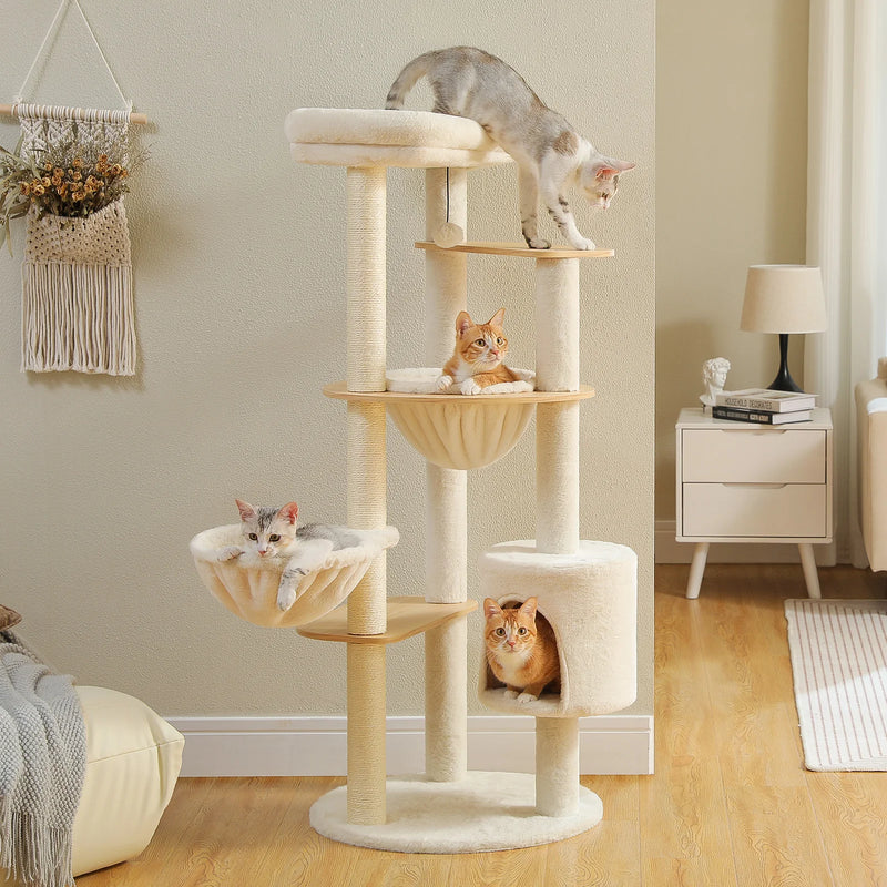 Arbre à chat en bois 135 cm – hamac suspendu, niche et coupelles douillettes
