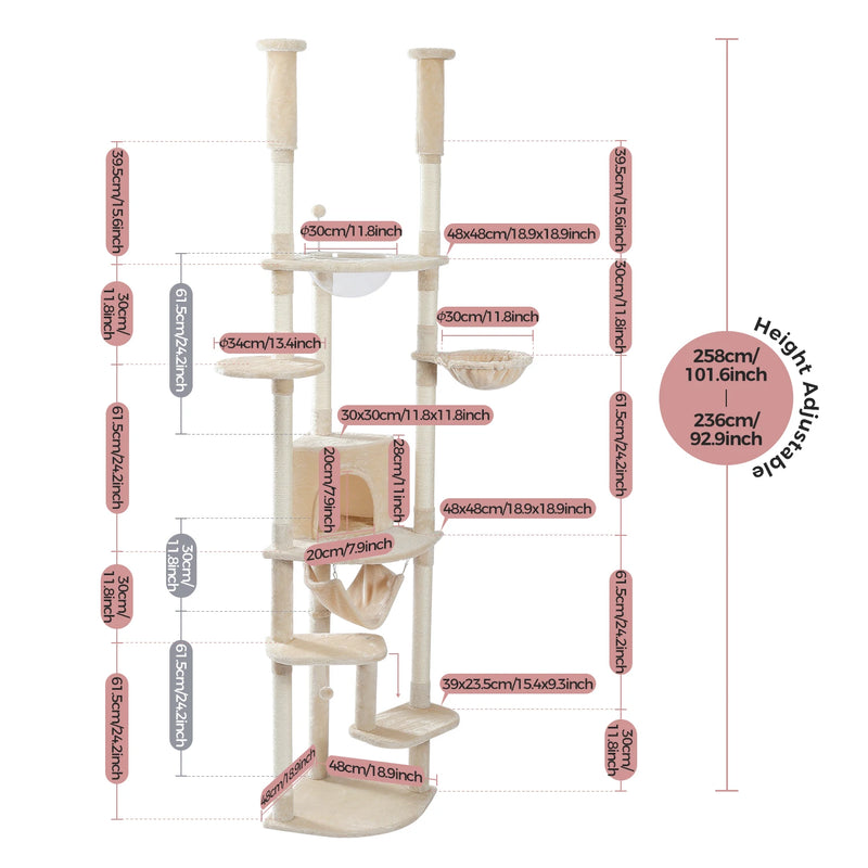 Arbre à chat du sol au plafond réglable – perchoirs et hamac