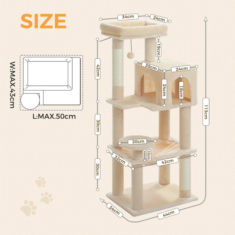 Petit arbre à chat 113 cm – 5 niveaux, hamac et kit anti-basculement