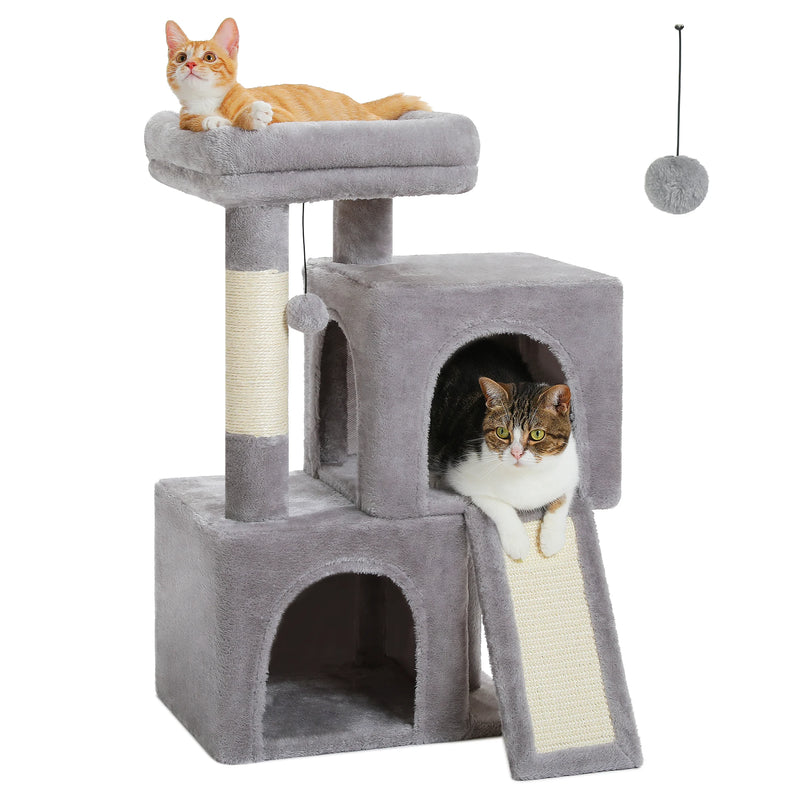 Petit arbre à chat 77 cm – 2 niches, rampe à griffer et kit anti-basculement