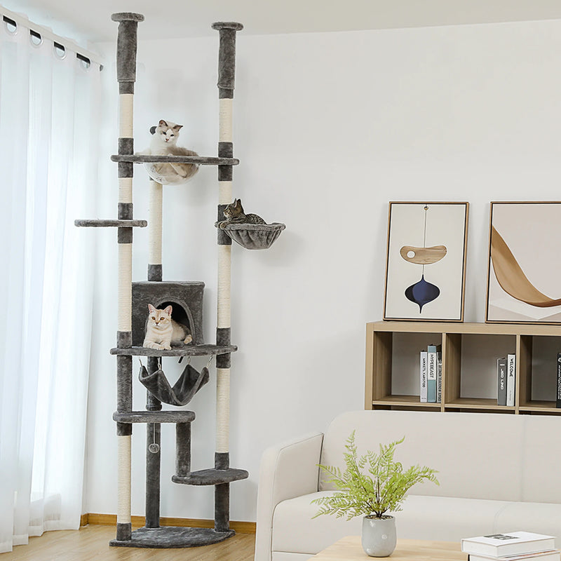 Arbre à chat du sol au plafond réglable – perchoirs et hamac