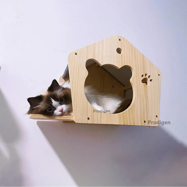 Étagère murale maison pour chat – bois, gain de place