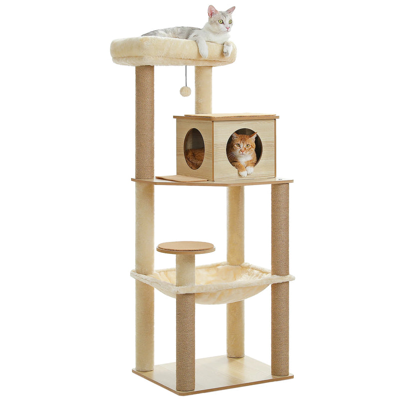 Arbre à chat en bois 143 cm – niche cube, hamac et poteaux sisal