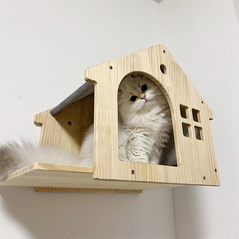 Étagère murale maison pour chat – bois, gain de place