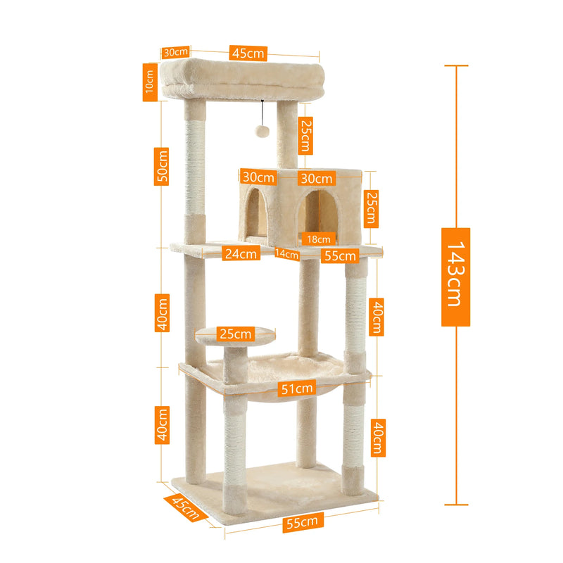 Arbre à chat 143 cm 5 niveaux – grand hamac et griffoirs sisal